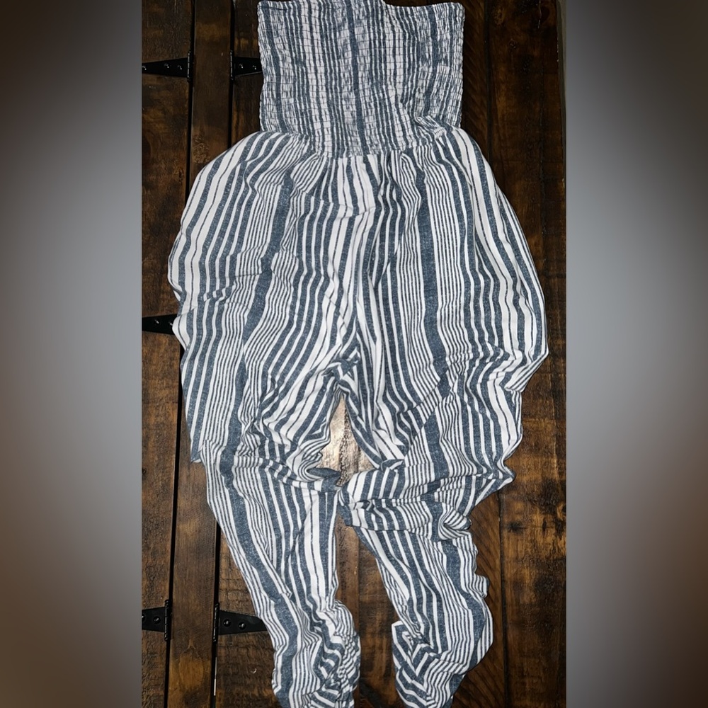 Derek Heart Navy and White Striped Jumpsuit